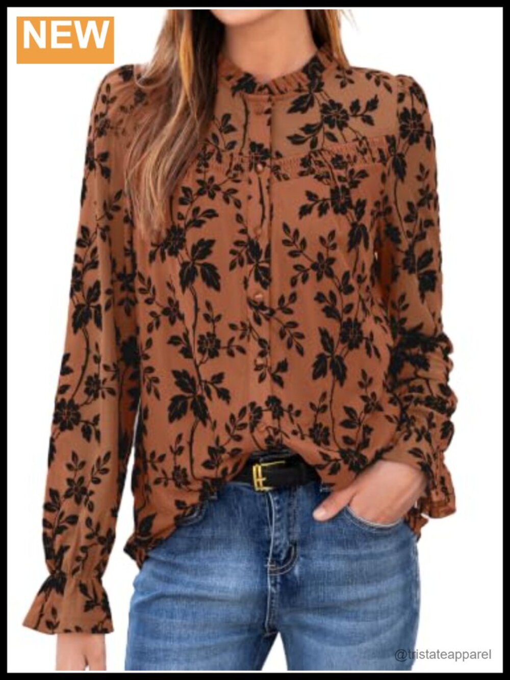 Womens Floral Mesh Button Down Blouse Long Sleeve Smocked